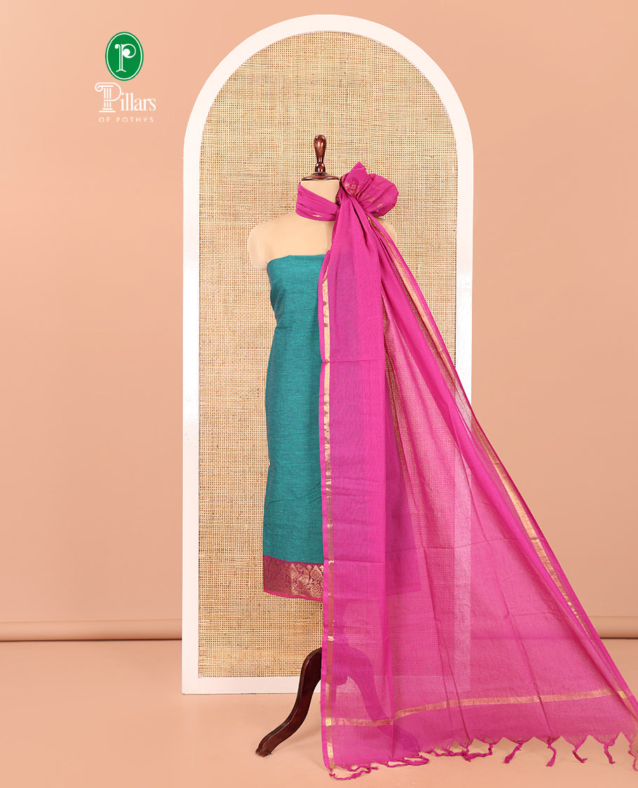 Rama Green Handloom Cotton Material Chudidar, Plain and Contrast Traditional Zari-Bordered Top, a Contrast Plain Bottom, and Contrast Dupatta