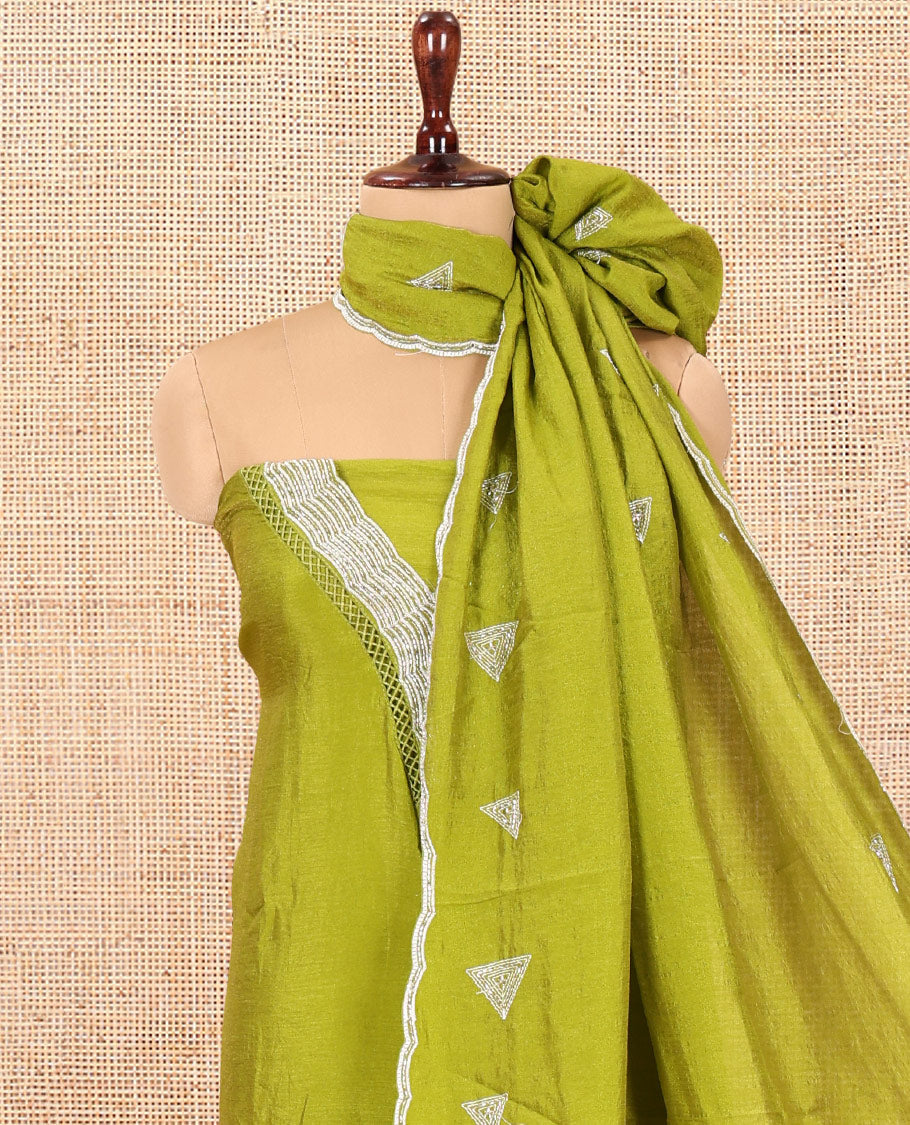 Parrot Green Vichitra Silk Material Chudidar Features a V-Neck Thread-Sequined Top, a Plain Bottom, Matching Thread-Sequined Dupatta