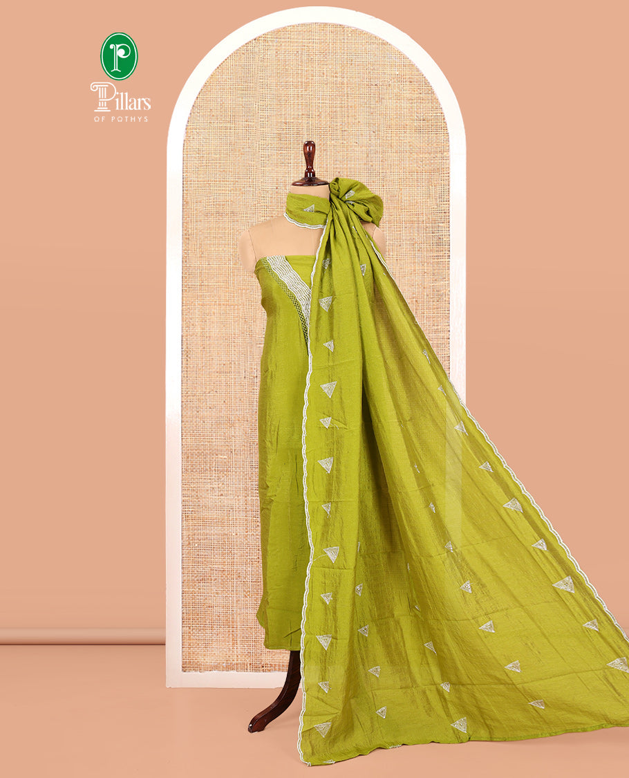 Parrot Green Vichitra Silk Material Chudidar Features a V-Neck Thread-Sequined Top, a Plain Bottom, Matching Thread-Sequined Dupatta