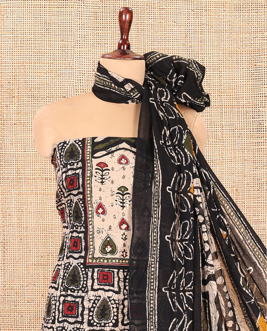 Black-Green Mul Cotton Material Chudidar, Batik Printed Top, a Contrast Bottom, and Batik Print Dupatta