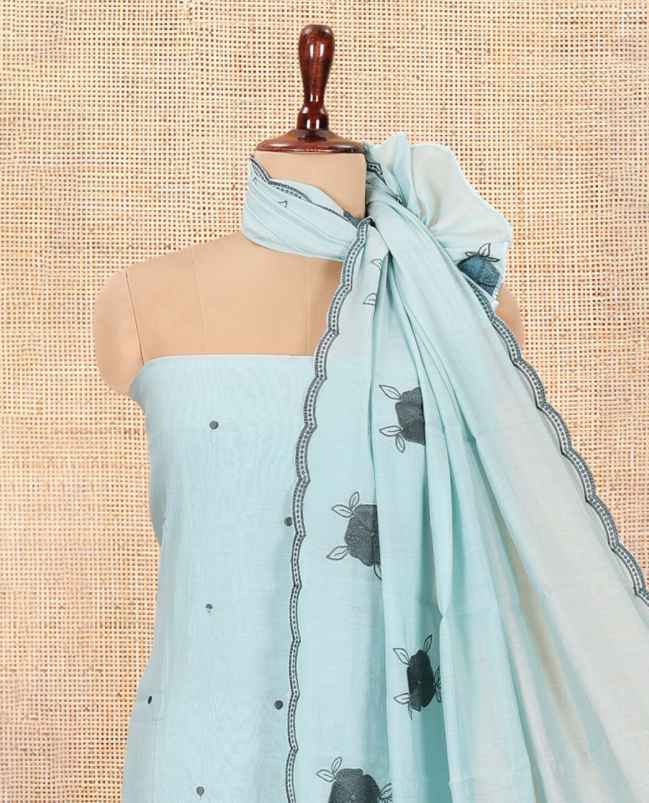 Dusky Blue Mul Chanderi Material Chudiddar, Floral Embroidered Top, Plain Bottom, Scallop Embroidered Dupatta