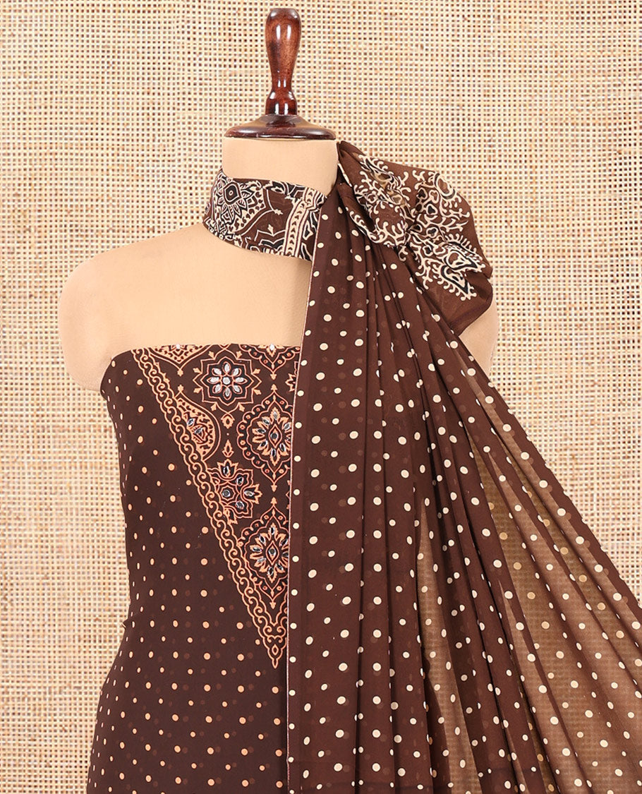 Coffee Brown Georgette Material Churidar Set, Polka Dot and Ajrakh Neck Work Top, a Matching Bottom, and Ajrakh Printed Dupatta