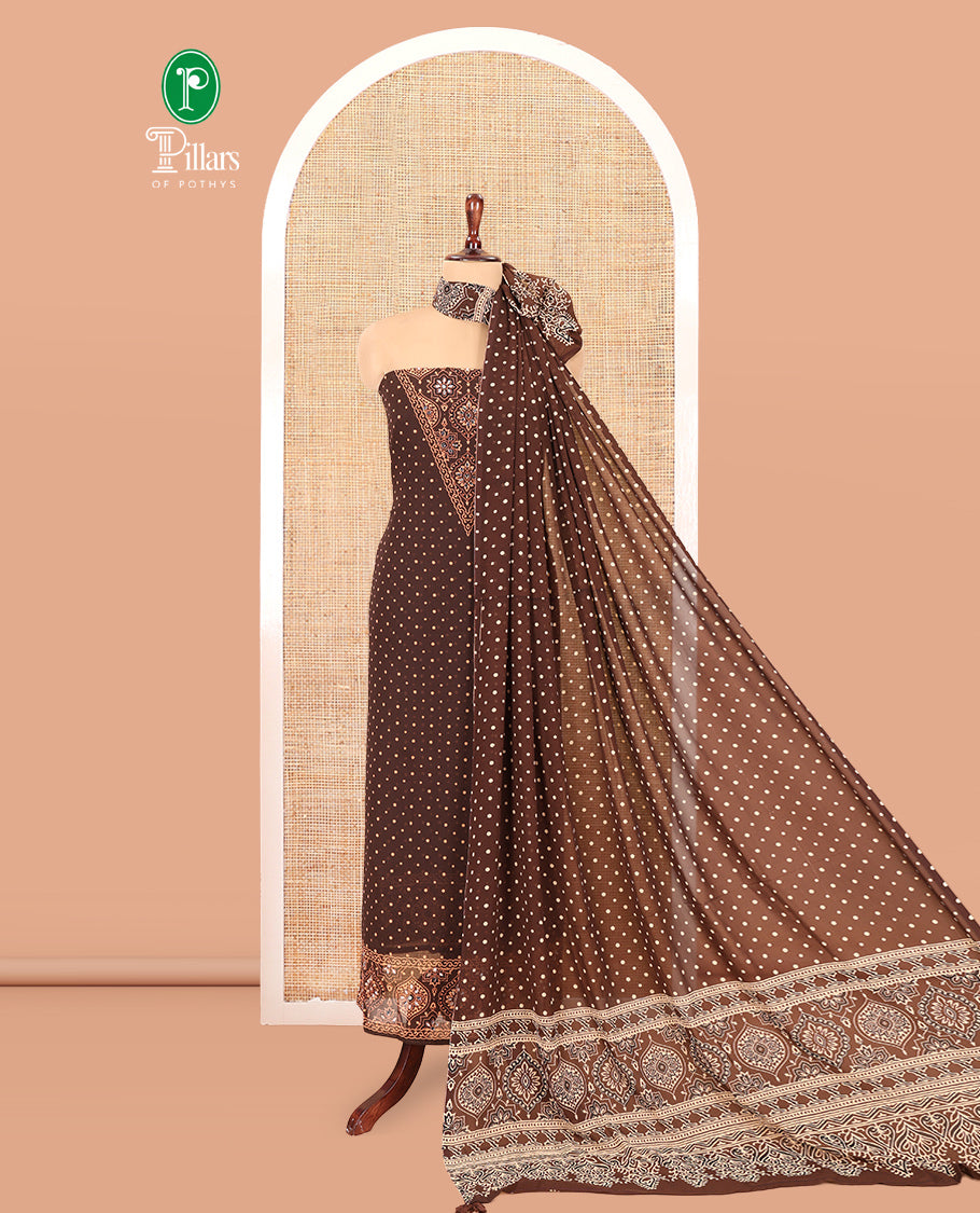 Coffee Brown Georgette Material Churidar Set, Polka Dot and Ajrakh Neck Work Top, a Matching Bottom, and Ajrakh Printed Dupatta