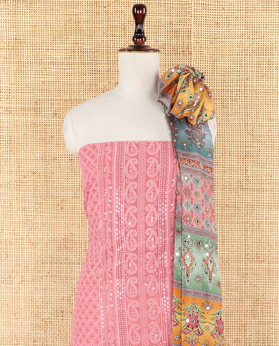 shifli lucknowi embroidery mango design georgette chudidhar material top with american crepe pant & floral digital print, sequins embroider dupatta