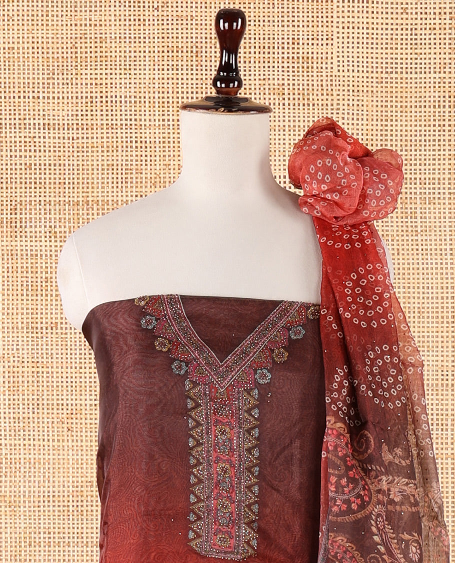 Brown ombre chudidar material set, intricately printed & Swarovski stone work V-neck organza top, bhandhani print & Swarovski stone work organza dupatta & plain santoon bottom
