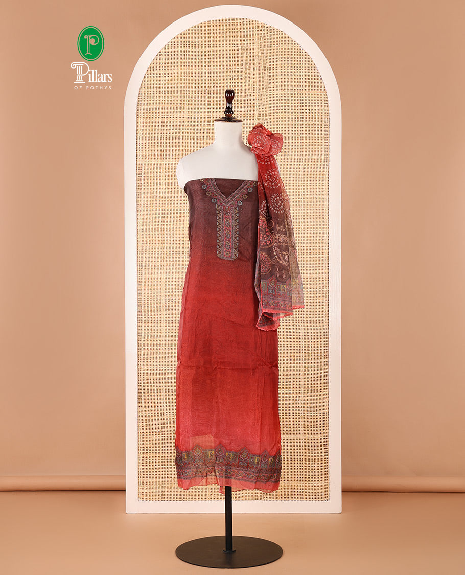 Brown ombre chudidar material set, intricately printed & Swarovski stone work V-neck organza top, bhandhani print & Swarovski stone work organza dupatta & plain santoon bottom