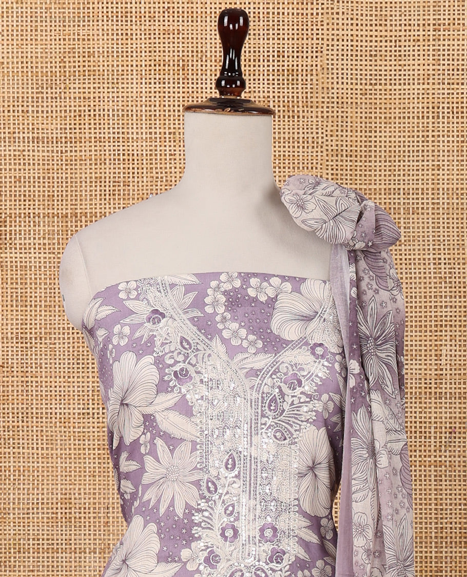 Lavender cotton chudidar material set,floral print & neck sequin embroidery top,stripes printed bottom & floral printed dupatta