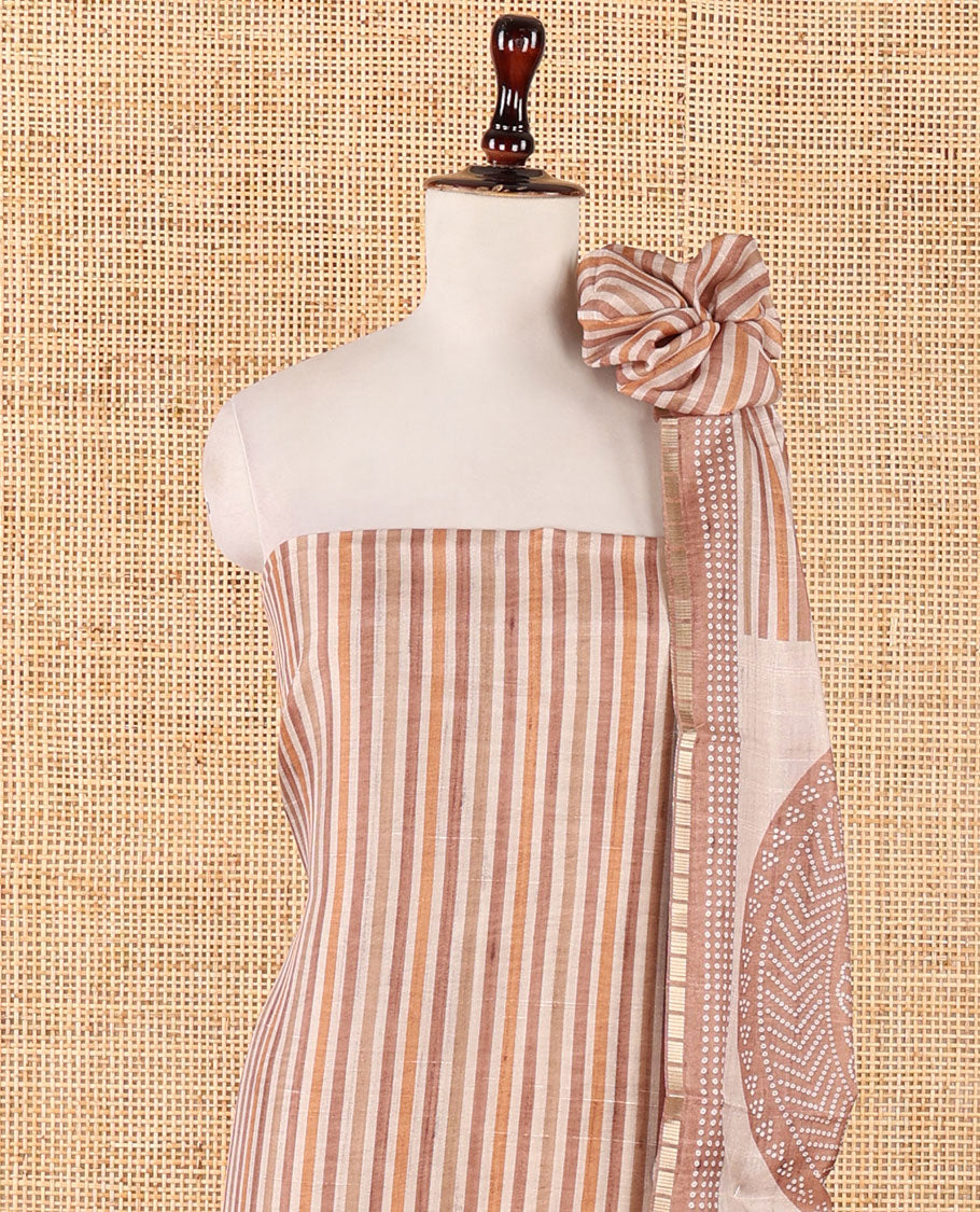Mustard semi-tussar material chudidar set, stripes & bandhani-style dotted motifs printed top & dupatta with heathered bottom