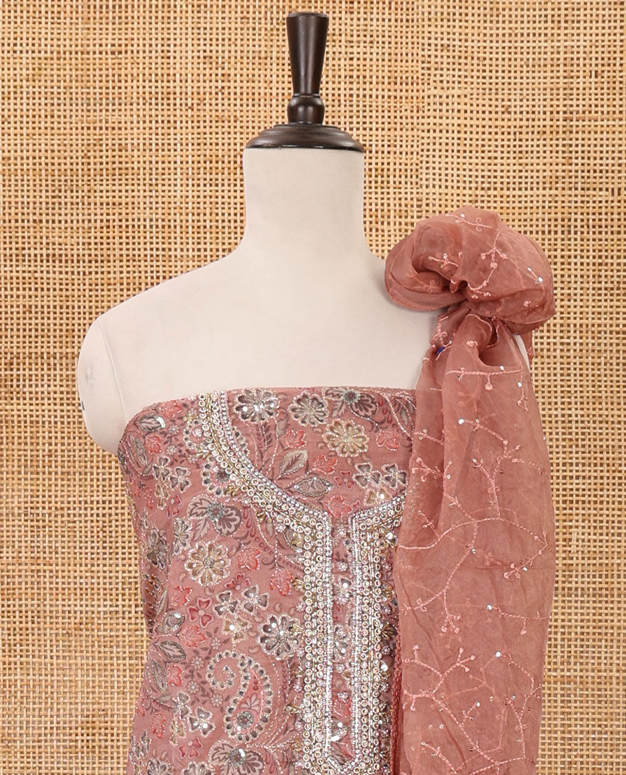 Fawn color material chudidar set, floral printed & outline mixed embroidery organza top,plain bottom & floral vine sequins embroidery dupatta