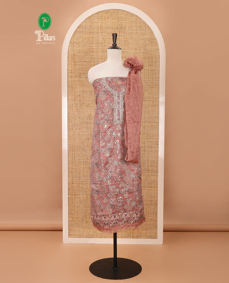 Fawn color material chudidar set, floral printed & outline mixed embroidery organza top,plain bottom & floral vine sequins embroidery dupatta