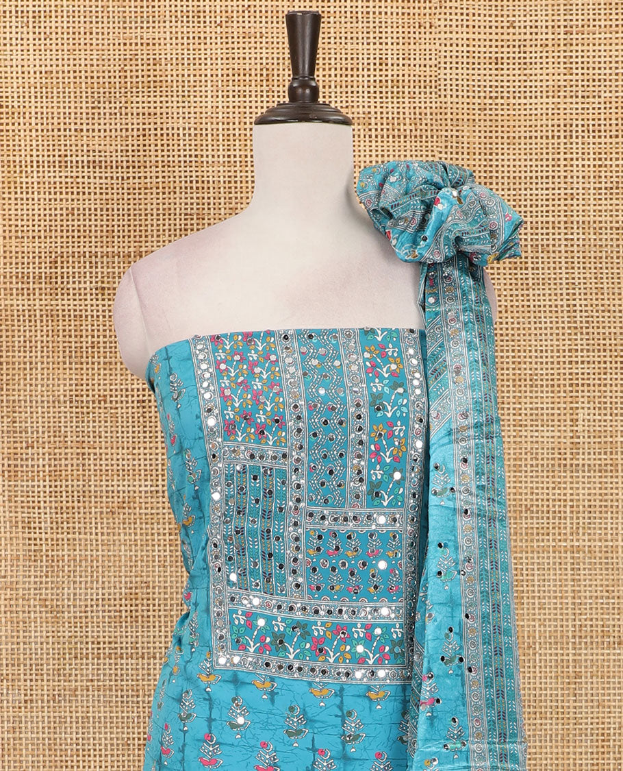 Ananda Blue material chudidar set, floral-theme batik printed with mirror embroidered crepe top, santoon bottom, and Chinon dupatta of print, and mirror embroidery