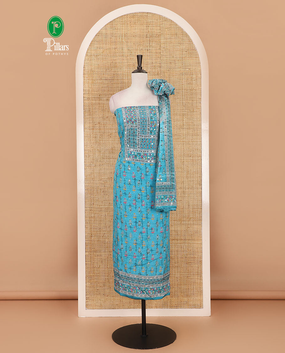 Ananda Blue material chudidar set, floral-theme batik printed with mirror embroidered crepe top, santoon bottom, and Chinon dupatta of print, and mirror embroidery
