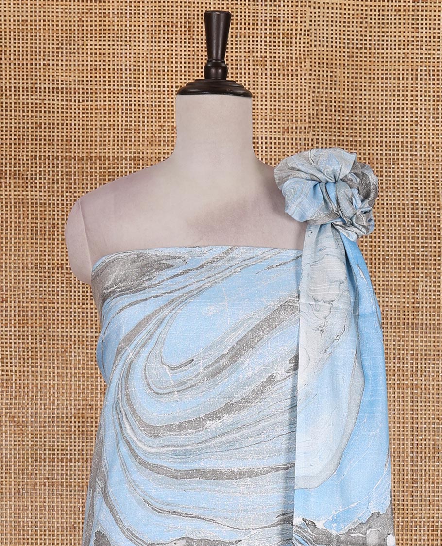 Blue semi-jute cotton material churidar set, abstract marble print top, abstract marble print bottom, and abstract marble print dupatta