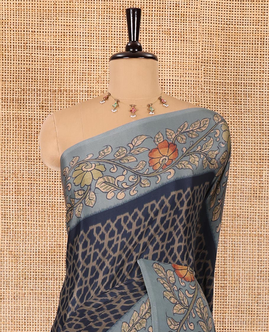 Navy blue Abstract printed Italian crepe saree, contrast kalamkari floral vine printed border, kalamkari printed pallu, and kalamkari printed blouse