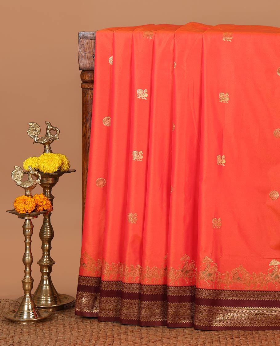 Orange mayil chakra & wedding-themed motifs semi-soft silksaree,contrast ganga jamuna rettai pettu traditional border & grand pallu