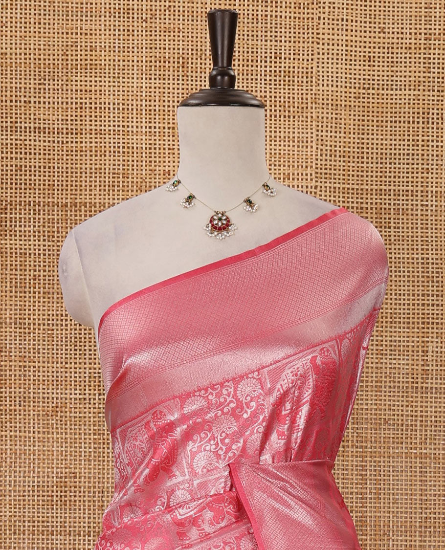 Pink floral & elephant jacquard softy saree, diamond design zari border, intricate pallu & matching jacquard blouse