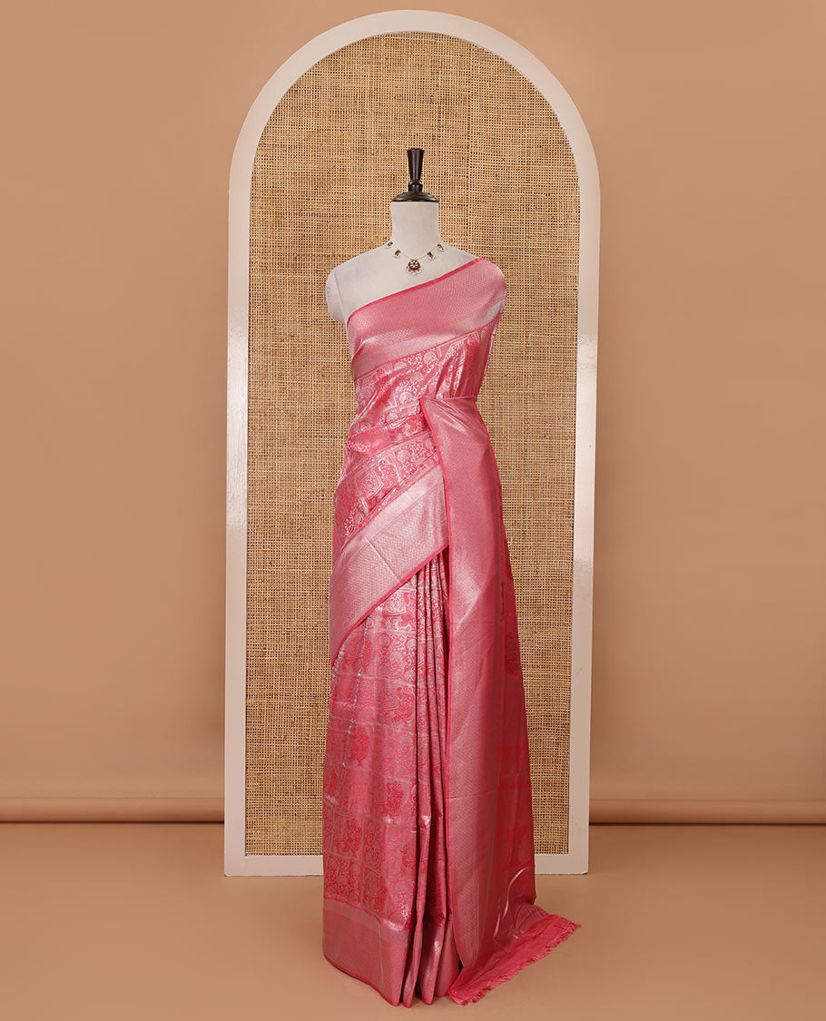 Pink floral & elephant jacquard softy saree, diamond design zari border, intricate pallu & matching jacquard blouse