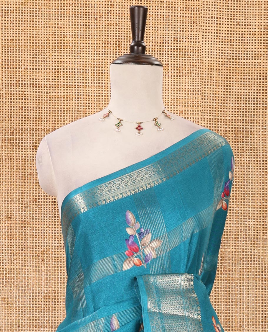 Blue zari striped & floral digital printed fancy tussar silk saree traditional zari border, geometric printed pallu & discharge printed blouse