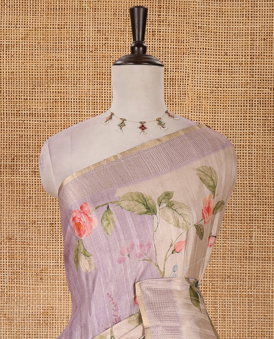 Light lavender floral-leaf printed fancy tussar silk saree, zari woven border & zari striped pallu & matching stripes & floral printed blouse