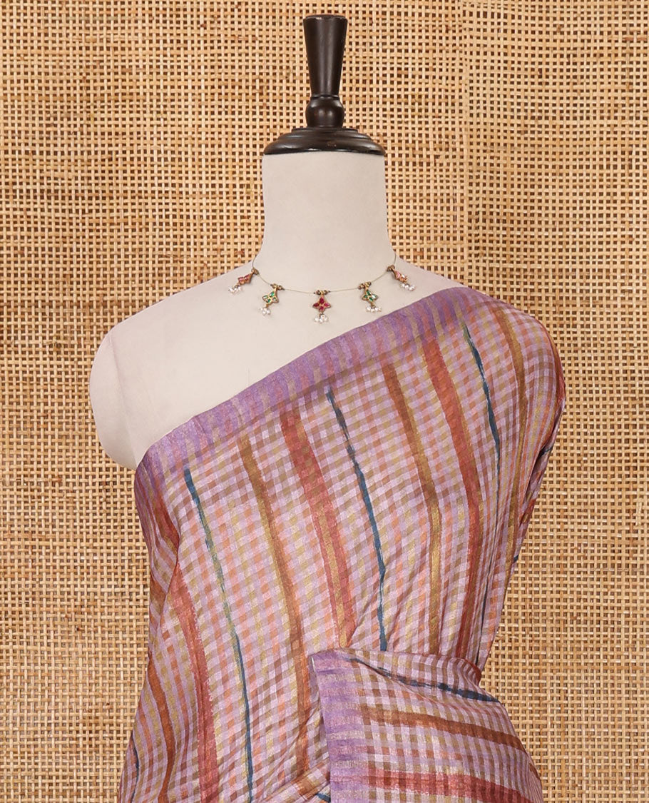 Borderless lavender checked & stripes printed fancy tussar saree, contrast painting-style Indian woven motifs printed pallu & checked printed blouse