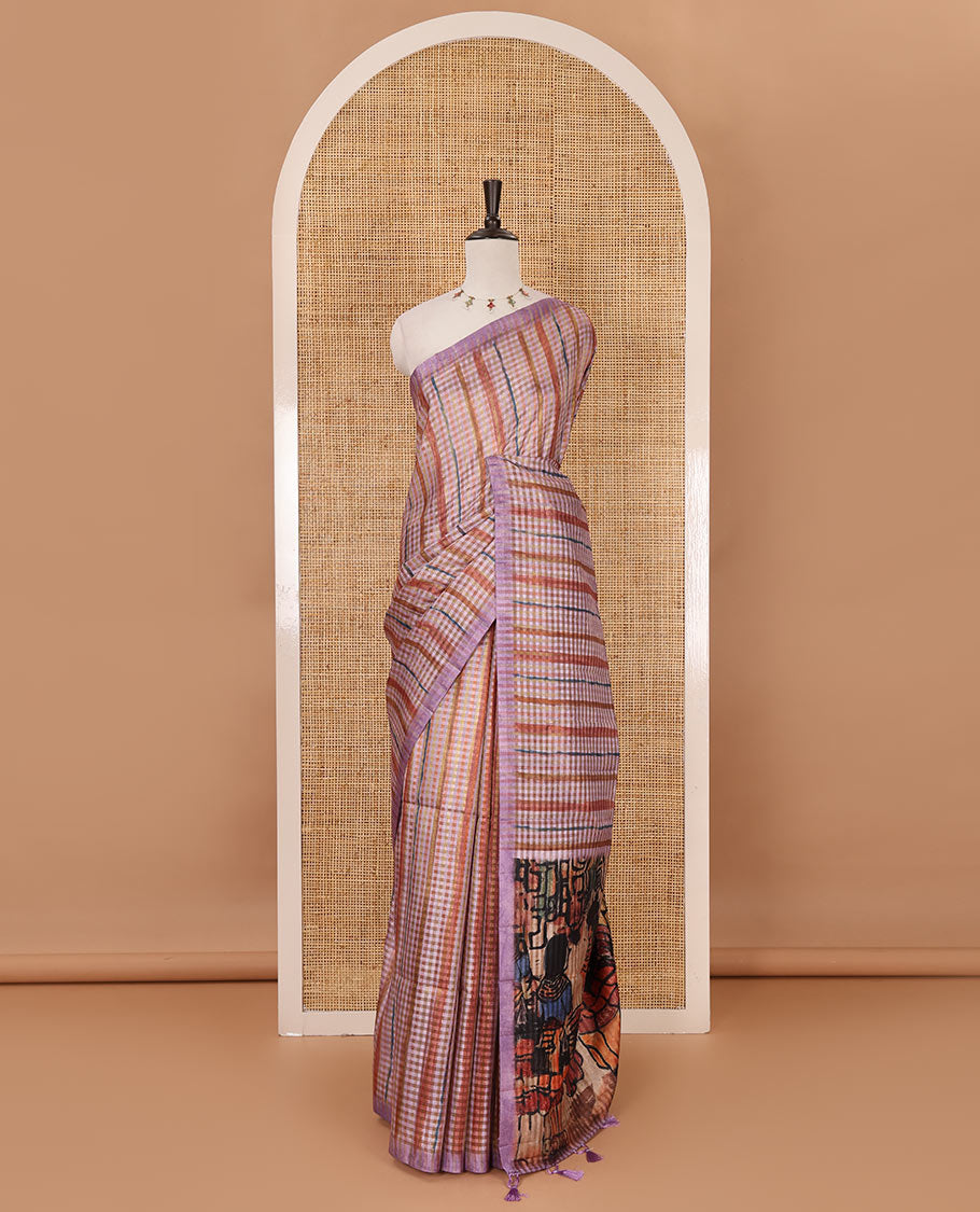Borderless lavender checked & stripes printed fancy tussar saree, contrast painting-style Indian woven motifs printed pallu & checked printed blouse