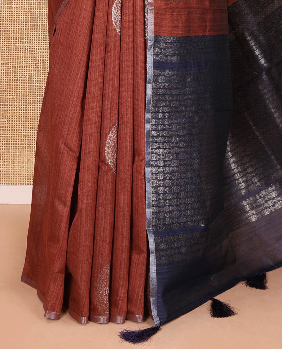 Borderless mustard neem zari circle motifs fancy tussar saree with contrast diamond-patterned zari-rich pallu, and a contrast striped blouse