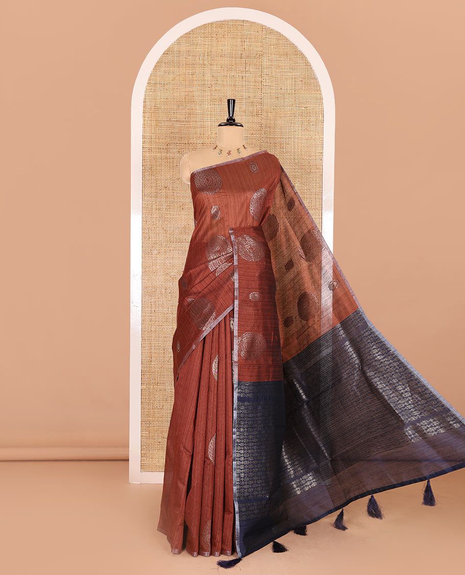 Borderless mustard neem zari circle motifs fancy tussar saree with contrast diamond-patterned zari-rich pallu, and a contrast striped blouse