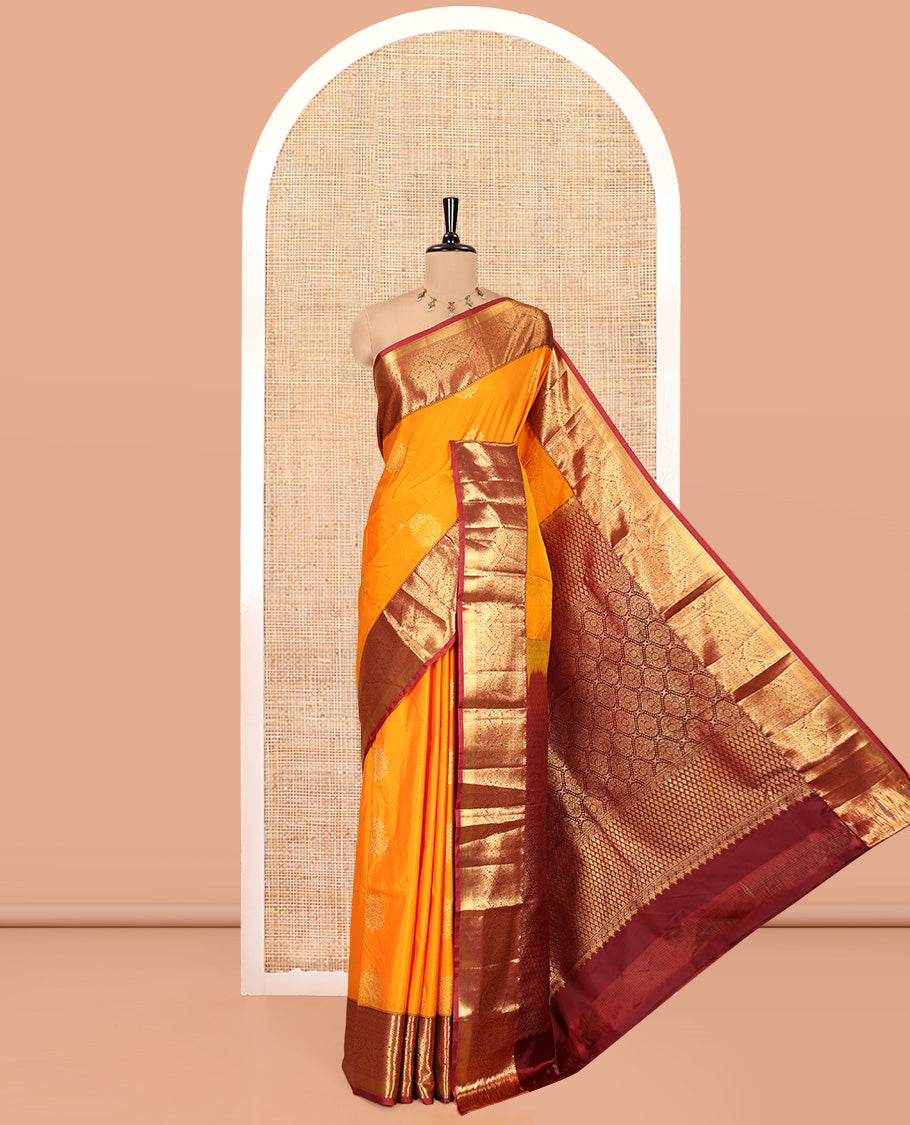 Mango Yellow Budget Silk Saree, Enriched with Zari Buttas All Over Its Body With Contrast Zari Design Border, Grand Jaal Pallu, and Contrast Blouse