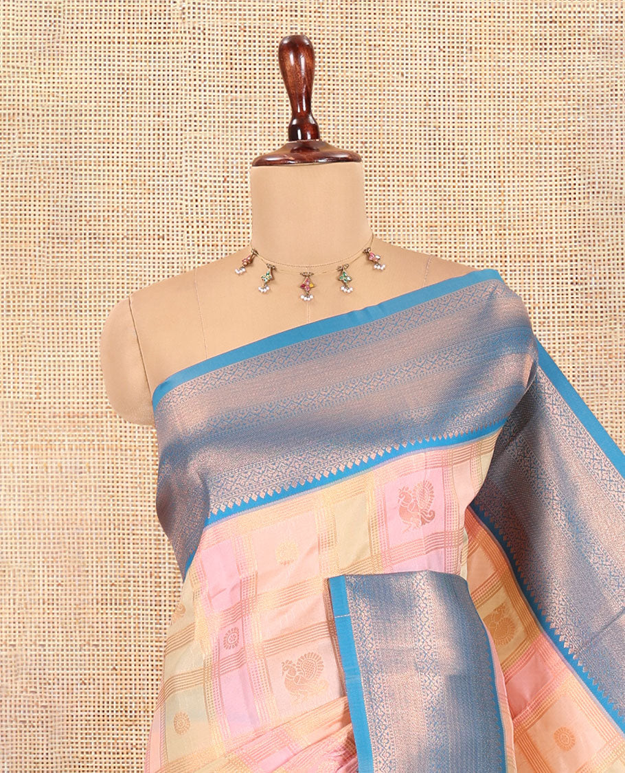 Multi-Color Zari Butta Enclosed Checks Litchi Saree, Ornamented with Contrast Traditional Border and Blouse