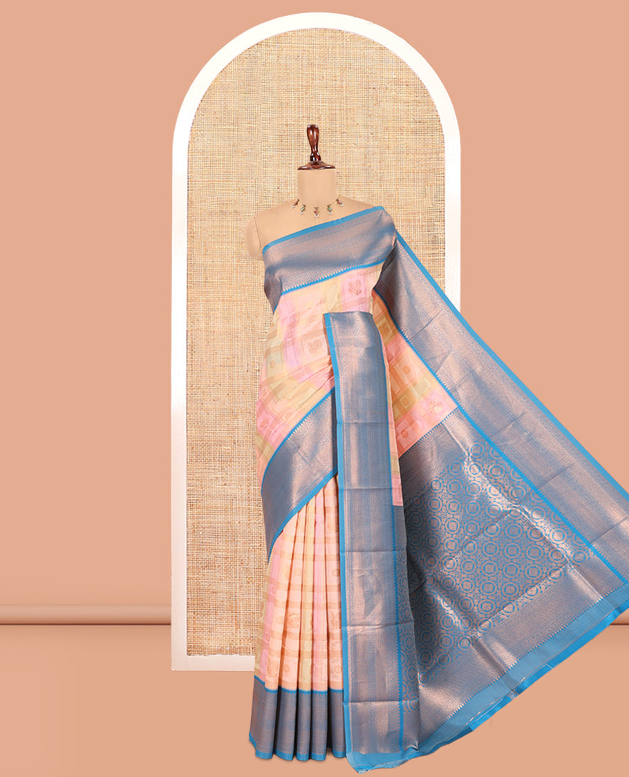 Multi-Color Zari Butta Enclosed Checks Litchi Saree, Ornamented with Contrast Traditional Border and Blouse
