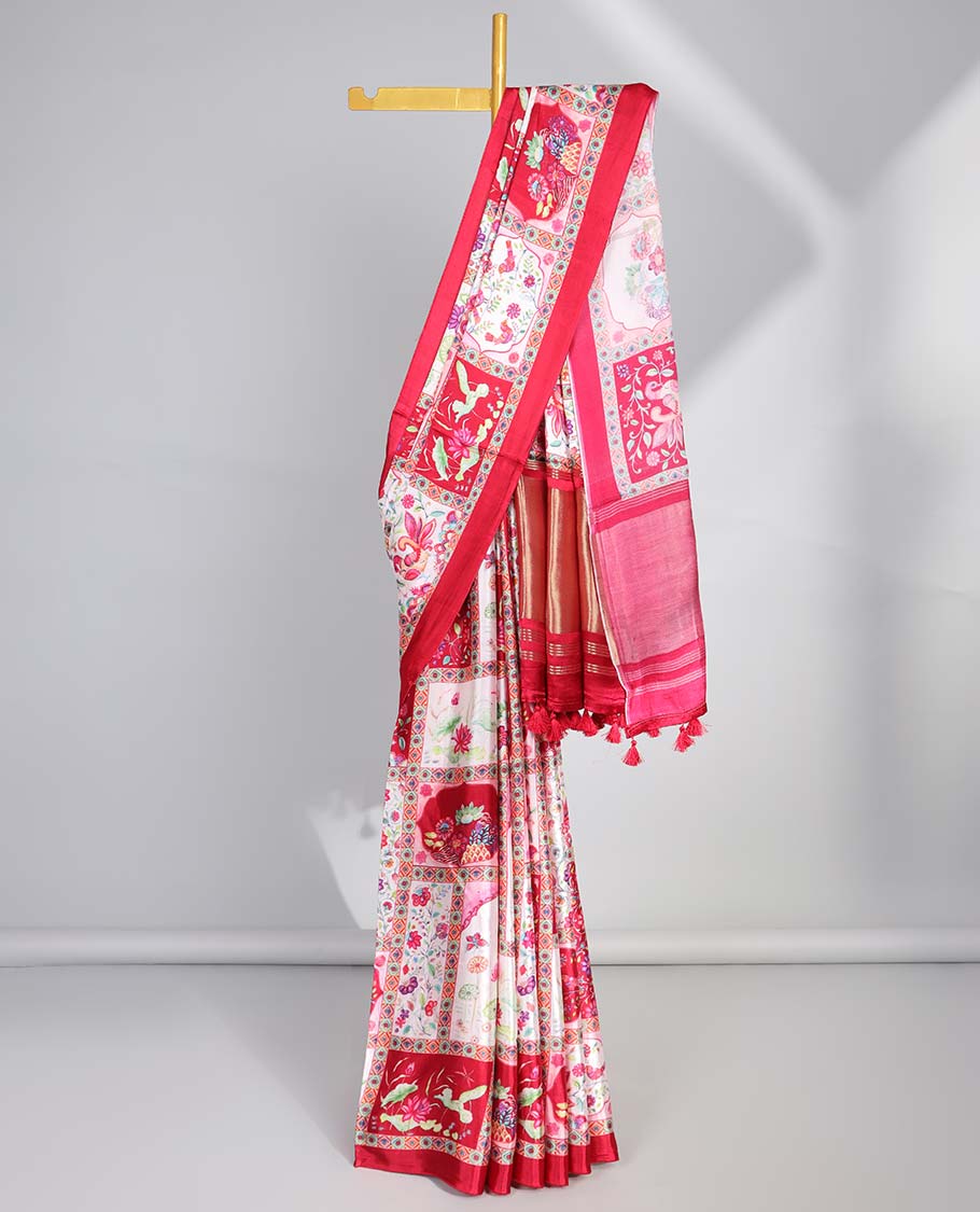 Multi-colored floral design semi-banaras printed saree contrast plain border & striped zari pallu