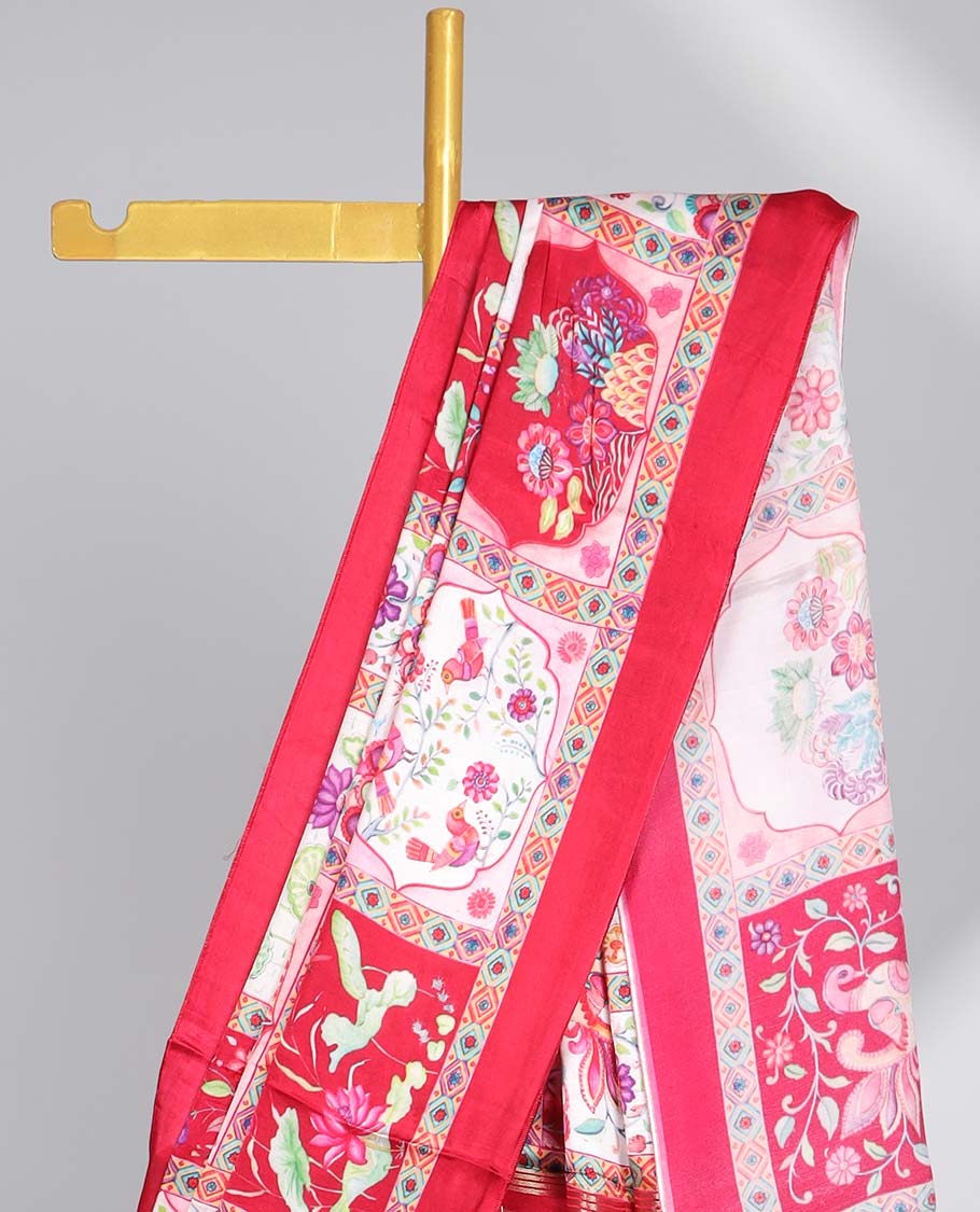 Multi-colored floral design semi-banaras printed saree contrast plain border & striped zari pallu