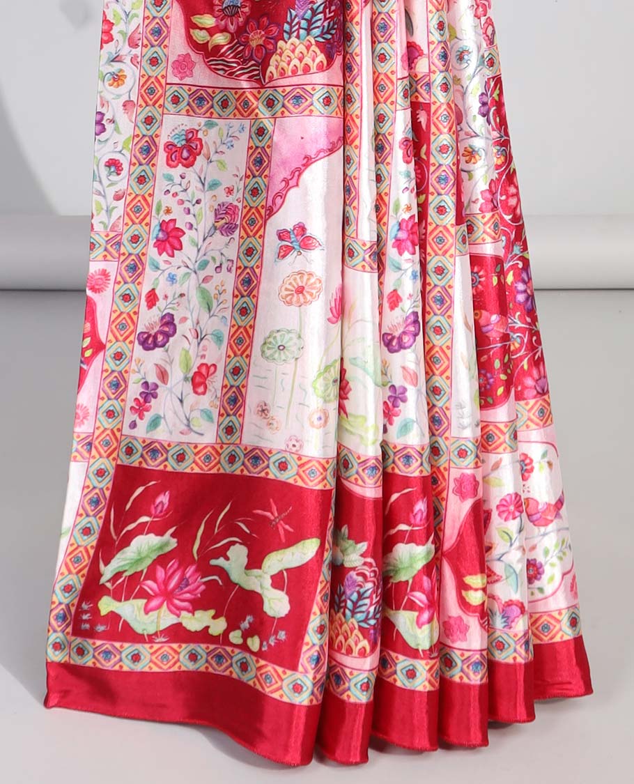 Multi-colored floral design semi-banaras printed saree contrast plain border & striped zari pallu