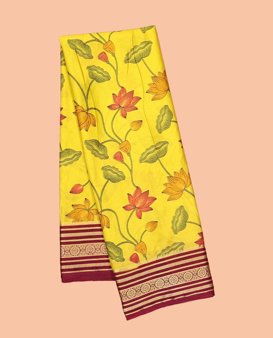 Yellow Pichwai-style floral vine printed semi-banaras printed saree, contrast traditional design border & striped pallu