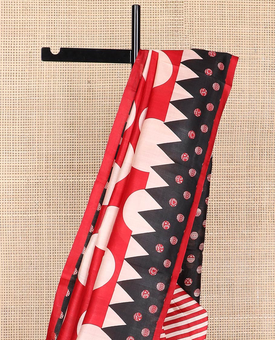 Red with white polka dot printed silk saree with contrast geometric design border & polka dot pallu