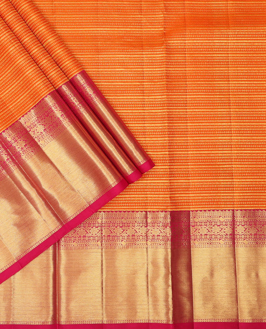 Orange pure-silk half saree, jacquard skirt, contrast border & blouse of paisa, manga & kodi visiry & intricate dhavani