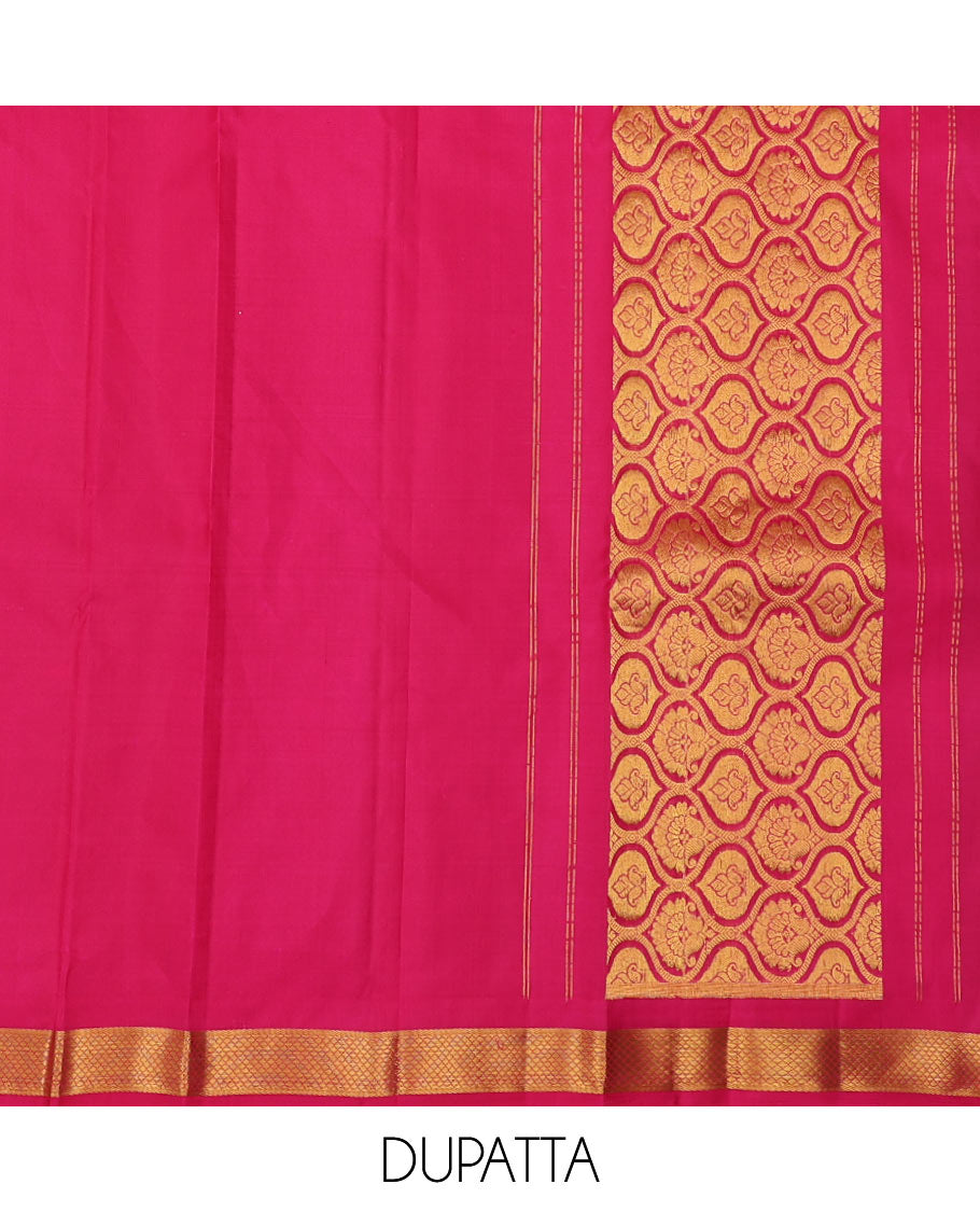Orange pure-silk half saree, jacquard skirt, contrast border & blouse of paisa, manga & kodi visiry & intricate dhavani