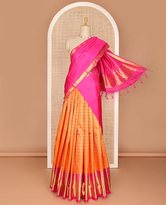 Orange pure-silk half saree, jacquard skirt, contrast border & blouse of paisa, manga & kodi visiry & intricate dhavani