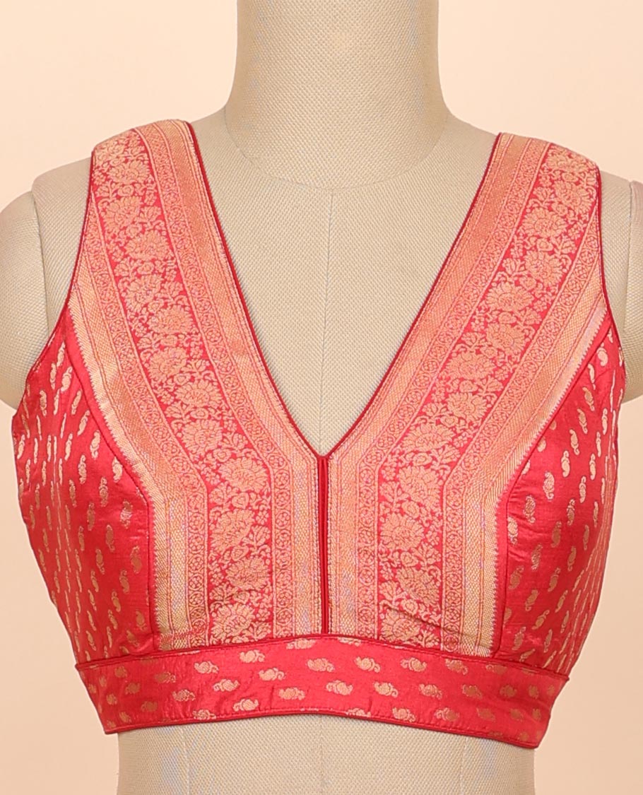 Cherry red floral zari design front & back deep v-neck raw-silk readymade sleeveless blouse