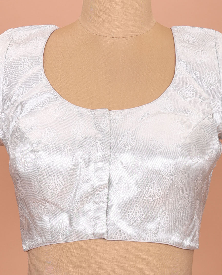 White buttas front-back round neck elbow-sleeve readymade blouse