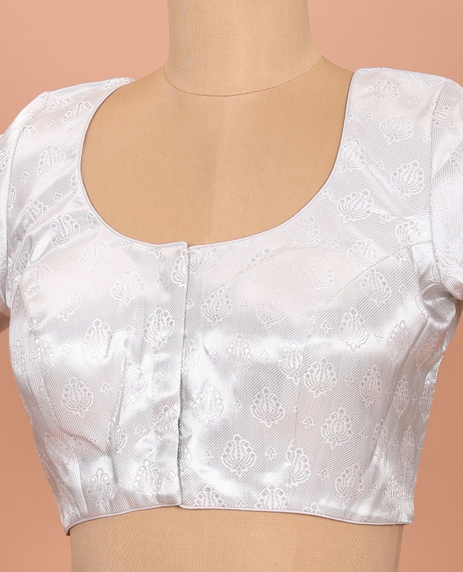 White buttas front-back round neck elbow-sleeve readymade blouse