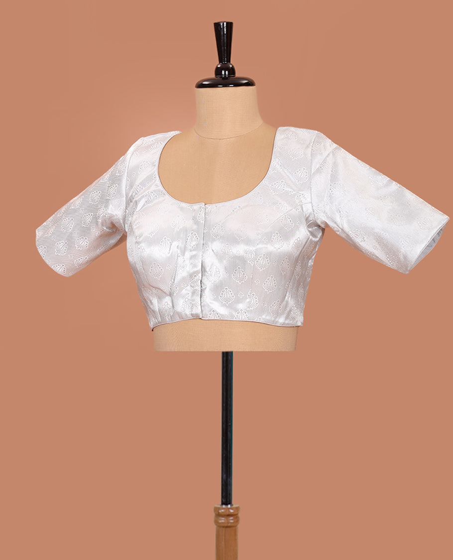 White buttas front-back round neck elbow-sleeve readymade blouse