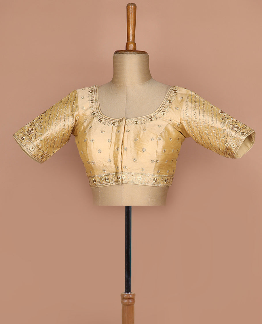 Yellow floral thread embroidered round neck elbow sleeve raw silk readymade blouse