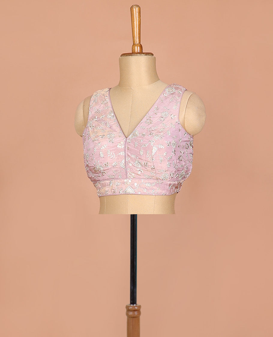 Pink-plush floral vine thread embroidered sleeveless readymade blouse with front and back deep-V neck