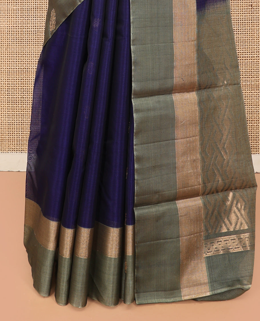 Blue Silk Cotton Saree, Bedecked with Zari Buttas, a Contrast Leaf Motif Border, Geometric Pallu, and a Contrast Blouse