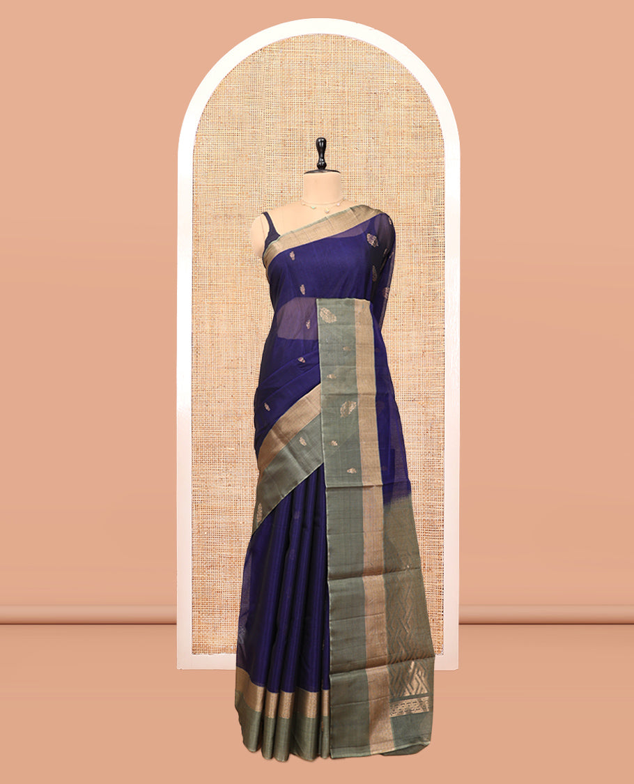 Blue Silk Cotton Saree, Bedecked with Zari Buttas, a Contrast Leaf Motif Border, Geometric Pallu, and a Contrast Blouse