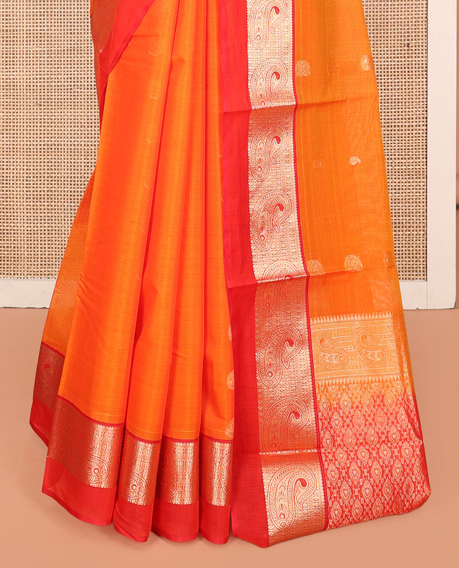 Orange Silk Cotton Saree, Accentuated with Buttas, a Contrast Traditional Zari Paisley Design Border, Pallu of Intricate Designs, and Contrast Blouse