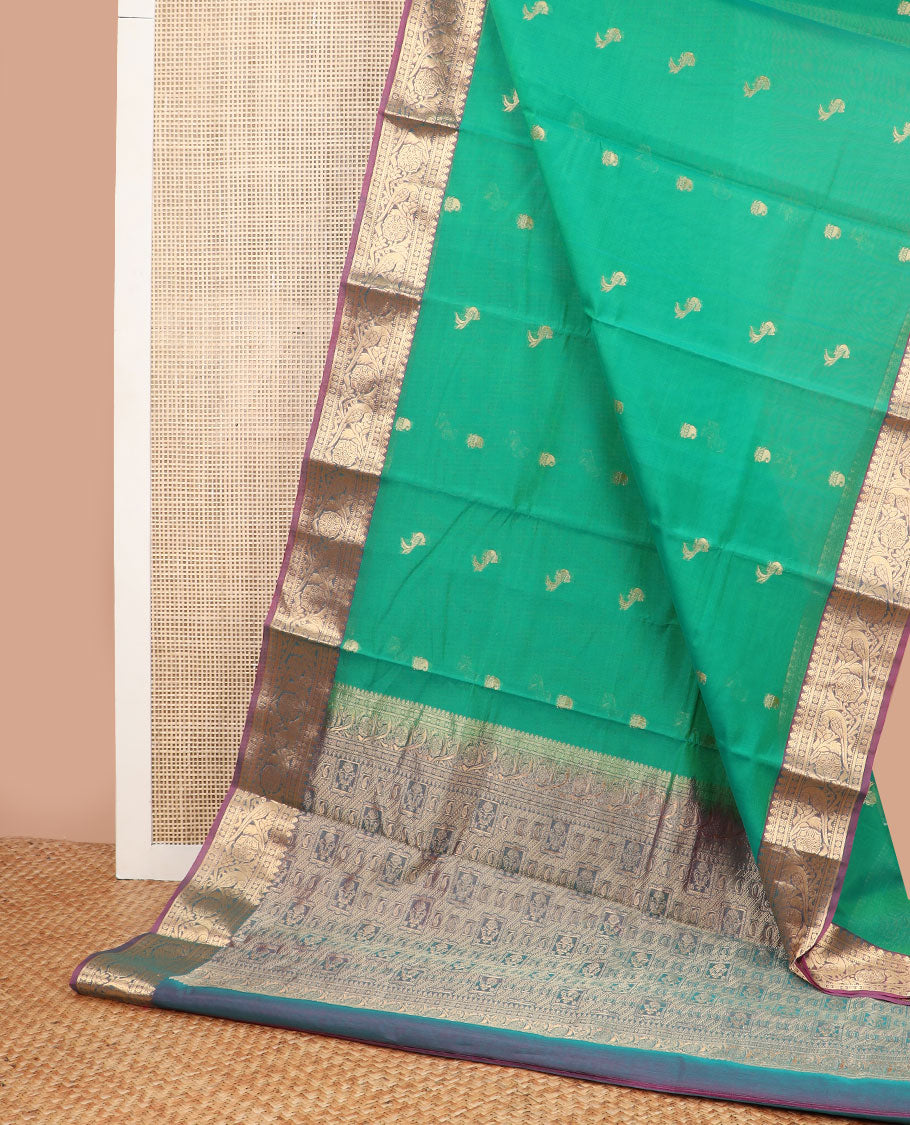 Green floral motifs silk cotton saree with contrast intricate zari design border & floral design pallu