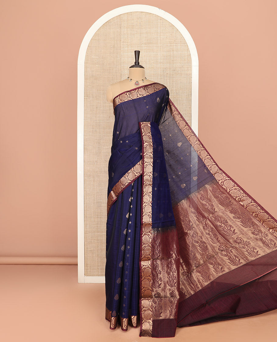 Blue Silk Cotton Saree Elegantly Embellished with Buttas All Over the Body, Complemented by a Contrast Floral Creeper Zari Border, Featuring a Contrast Pallu of Floral Zari Designs, and Paired with a Contrast Blouse