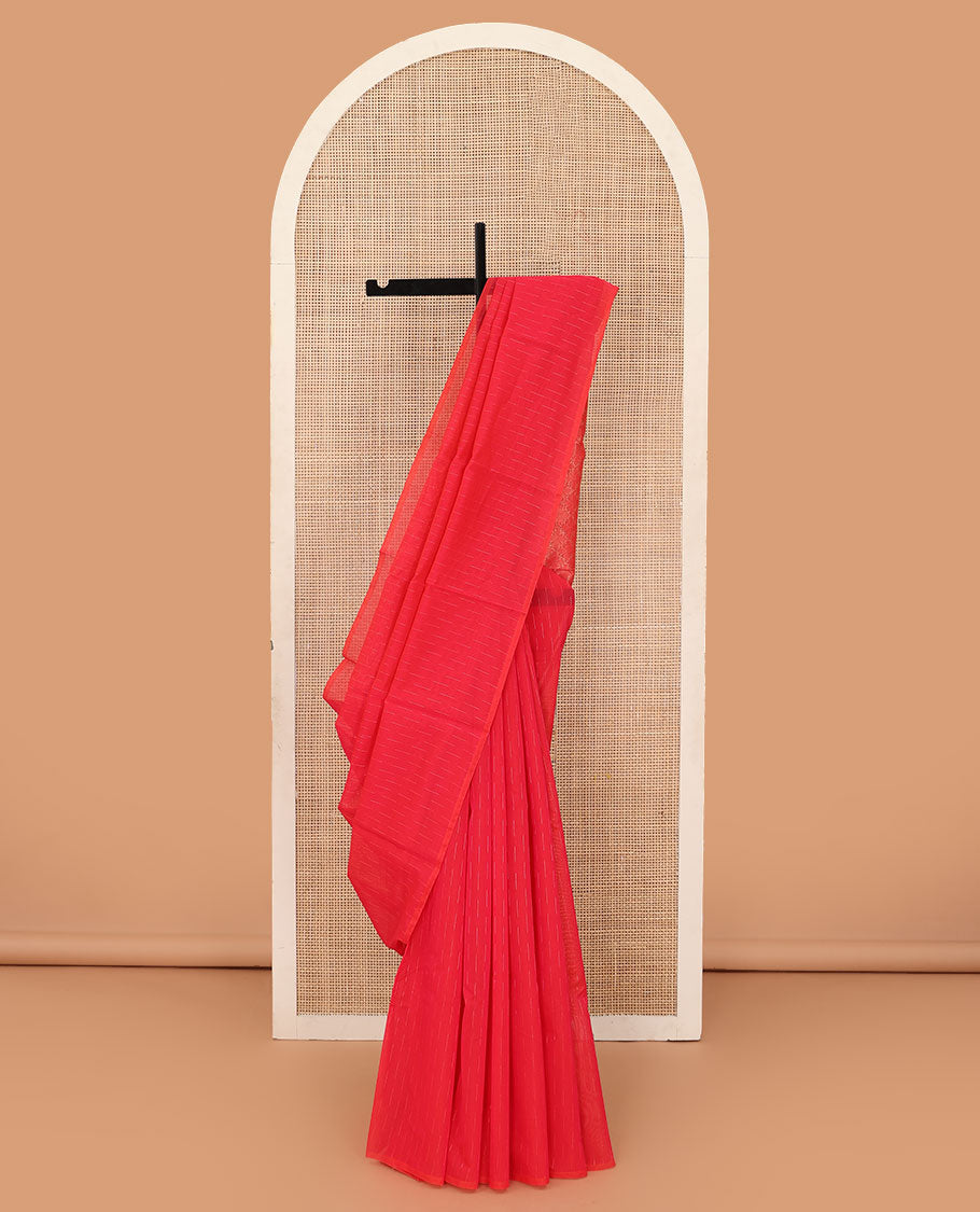 Borderless red dotted buttas silk cotton saree, jaal pallu